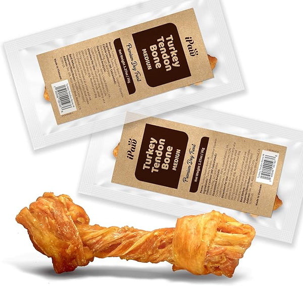 iPaw Turkey Tendon for Dogs, Dog Treats for Signature Series, All Natural Human Grade Puppy Chew, Ingredient Sourced from USA, Hypoallergenic, Rawhide Alternative, 2 Units/Pack Bone (Medium)